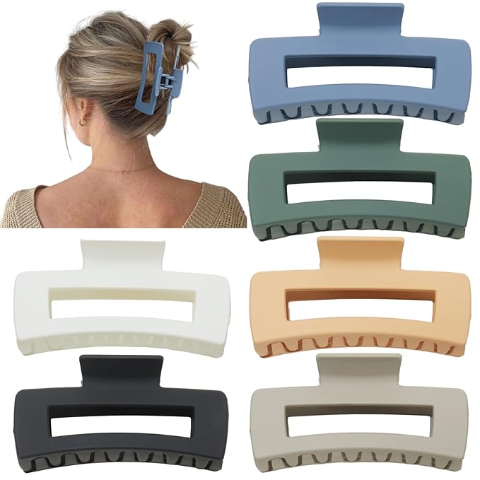 Sisiaipu 4 Inch Big Hair Claw Clips 6 Pcs Large Claw for Thick Hair Square Hair Clips for Women Rectangle Hair Clips Nonslip Acrylic Banana Jaw Clips Hair Accessories for Girls (Neutral)