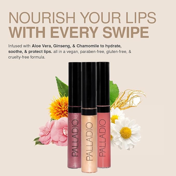 Palladio Lip Gloss, Non-Sticky Lip Gloss, Contains Vitamin E and Aloe, Offers Intense Color and Moisturization, Minimizes Lip Wrinkles, Softens Lips with Beautiful Shiny Finish, Ruby Red