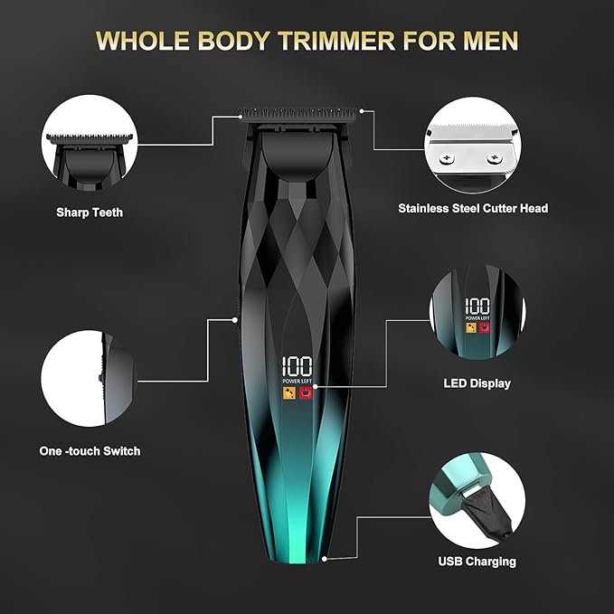 WAIKIL Hair Clipper and Trimmer Set for Men, Rechargeable Cordless Barber Kit with LED Display, Professional Grooming Tools for Hair and Beard，Green