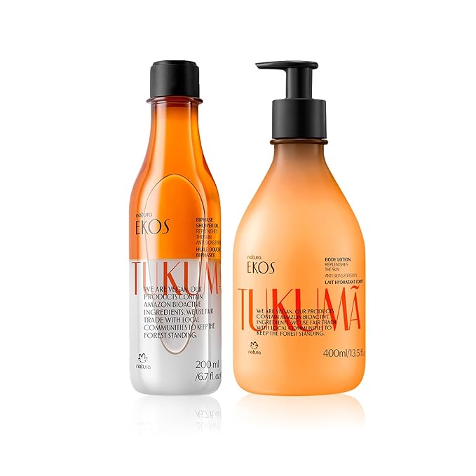 natura – Tukumã Hydration & Renewal Body Care Bundle – Hyaluronic Acid Boosting Body Lotion + Biphase Shower Oil – Deep Moisturizing & Firming – Vegan Brazilian Skincare – 13.5 fl oz + 6.7 fl oz