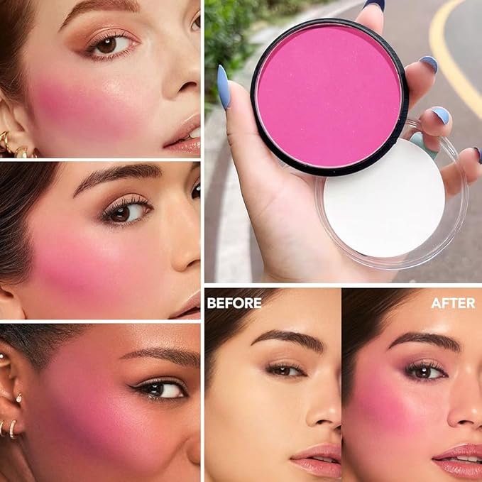 HHLTOH Natural Single Matte for Face Cheeks Blush with Makeup Powder Puff, Watermelon Pink Monochrome Blush Cream Powder Makeup Palette Blushes Long-lasting Blendable Foundation for Women Every Day 06