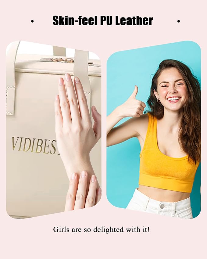 VIDIBESTY Travel Makeup Bag Skin-feel Leather, Large Capacity Cosmetic case for Women, Waterproof Portable Make up Organizer with Divider and Handle for Toiletries, Beauty Essentials (Beige)