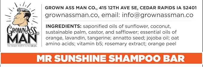 Grown Ass Man Co. - Solid Shampoo Bar Rich Lather 3 in 1: Hair, Beard & Body Wash - Plastic Free & Eco-Friendly, Natural & Organic Clean for All Hair Types, 4oz Bar (Mister Sunshine, Single)