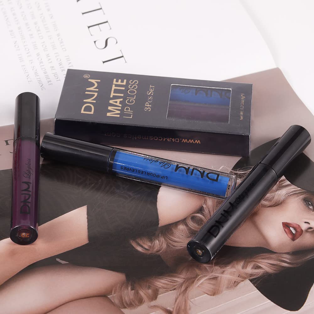 AMY'S DIARY 3Pcs Matte Liquid Lipstick Sets, Blue Dark Black Purple Matte Lipstick Lip Stain Long Lasting 24 Waterproof Lip Gloss Gift Set for Women Lippies (07)