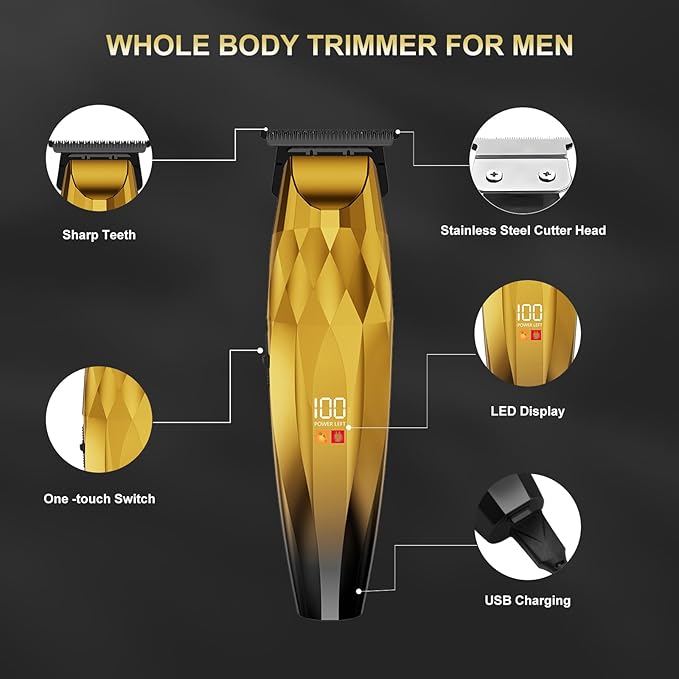 WAIKIL Professional Hair Clipper and Trimmer Set for Men, Cordless Barber Clippers with LED Display, Rechargeable Hair Cutting Kit for Hair, Beard and Grooming,Gold