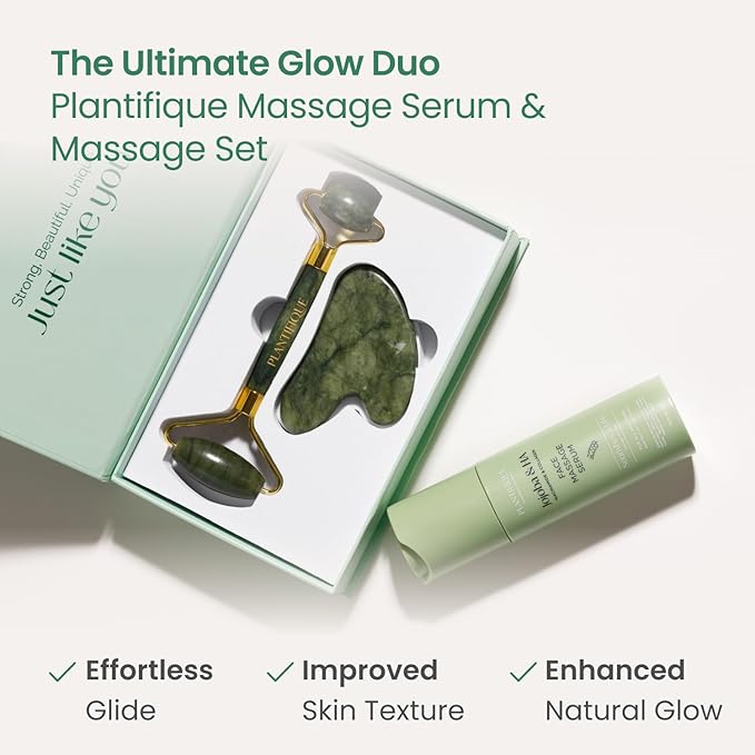 PLANTIFIQUE Jade Roller & Gua Sha Facial Tool Set, Certified Face Massager
