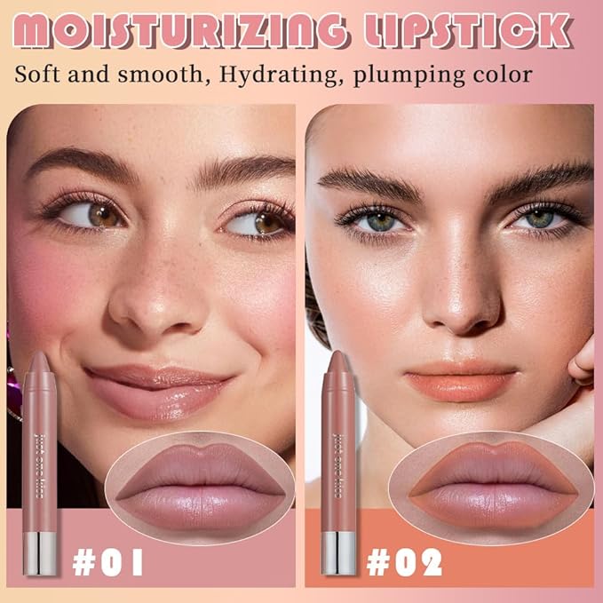 mekuel 2Pcs Nuetral Nude & Coral Hydrating Cream Lipsticks Lip Crayon for Women, Moisturing Lipstick Lip Liner Crayon Set for Ombre Shades, Matte Creamy Natural Nourishing Tinted Lips Balm Set