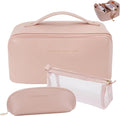 zaleeta 3 Pcs Travel Makeup Bag Portable Large Capacity Cosmetic Bags for Women Open Flat Makeup Case Organizer Bag Set of 3 Waterproof PU Leather Toiletry Bags with Divider and Handle (Pink, Medium)