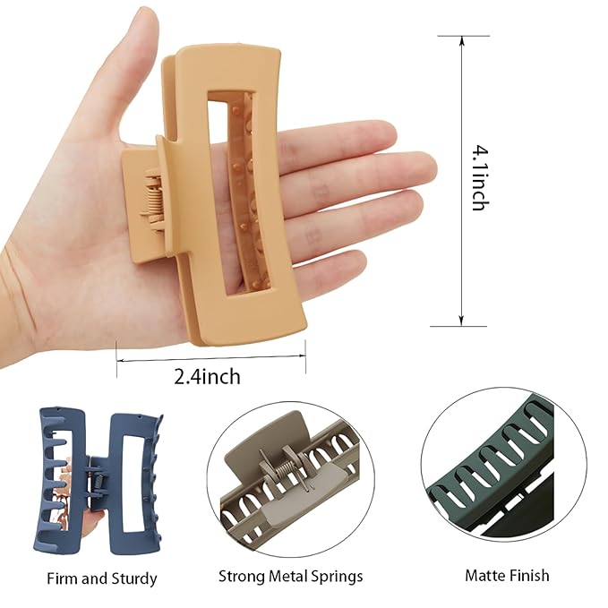 Sisiaipu 4 Inch Big Hair Claw Clips 6 Pcs Large Claw for Thick Hair Square Hair Clips for Women Rectangle Hair Clips Nonslip Acrylic Banana Jaw Clips Hair Accessories for Girls (Neutral)