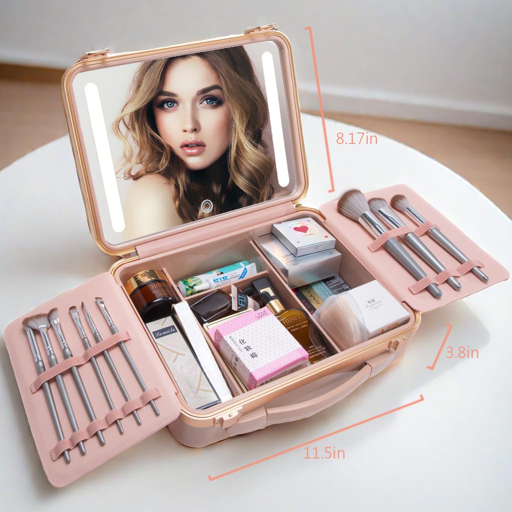 ZhenGuiRu Makeup Case with LED Lighted Mirror, 11.5''x 8.7'' Portable Travel Makeup Organizer, Toiletry Storage Makeup Bag Gift for Lady, DIY Dividers Makeup Box with 5X Magnifying Mirror (Pink)