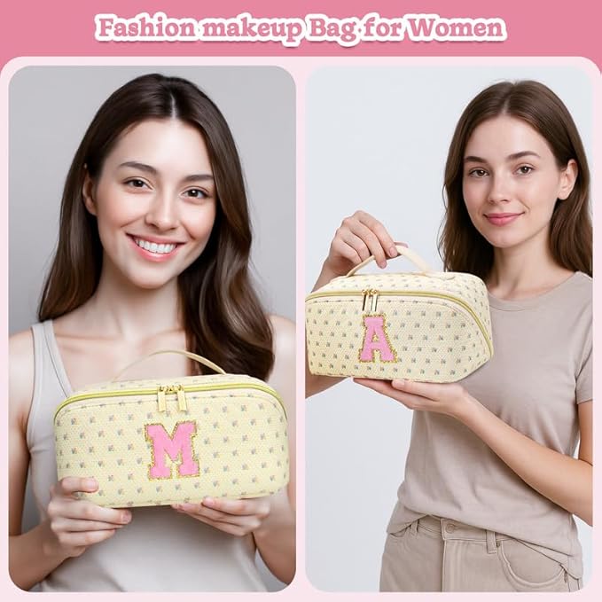 Personalized Travel Makeup Bag Set,Initial Travel Cute Floral Makeup Organizer Bag,Toiletry Skincare Cosmetic Bag,Christmas Gifts for Women/Girls,Open Flat Toiletry Pouch with Brush Pocket-O