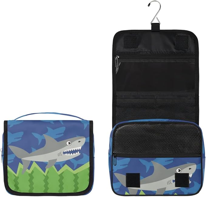 OMFUNS Funny Shark Hanging Travel Toiletry Kit Bag with Hook for Men and Boys, Ocean Animal Makeup Case Waterproof Cosmetic Bag Storage Bag Organizer for Accessories Toiletries