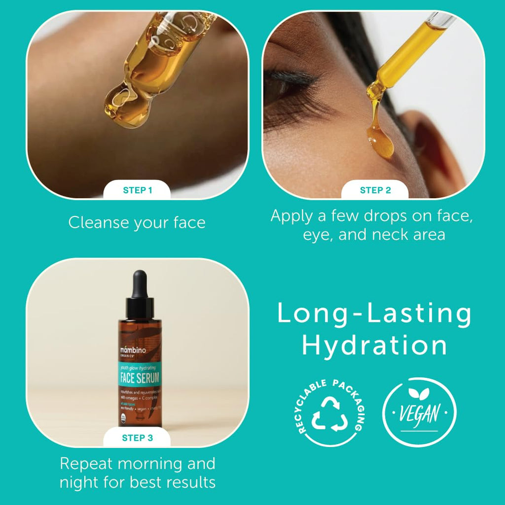 Mambino Organics Youth Glow Hydrating Serum, Vitamin C Face Serum with Marula, Rosehip Oil, Revitalizing Skin, Fades Dark Spots, Smooths Texture, Organic, Vegan, Skin Care, 1 fl oz