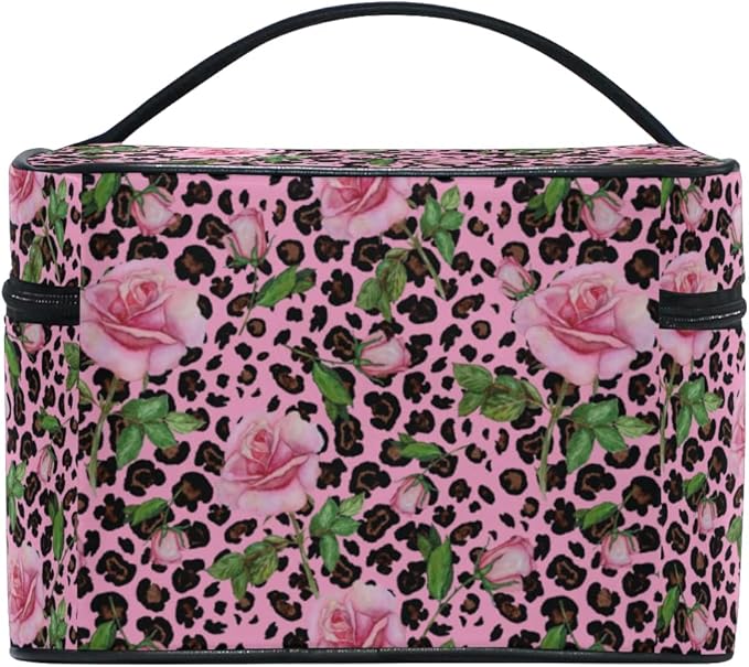 MNSRUU Makeup Bag, Roses On Pink Leopard Travel Makeup Organizer Bag Cosmetic Cases Toiletry Bags for Girl Women Ladies