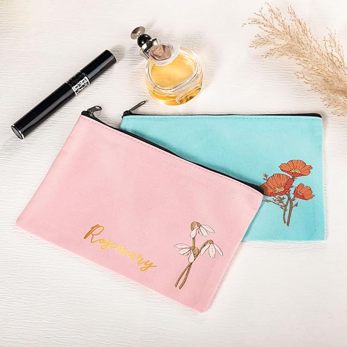 BYFDIY Custom Name Makeup Bag Personalized Name Birth Flower Small Cosmetic Bag Birthday Gifts For Women Mother Bridesmaid Size 7.9×5.5INCH