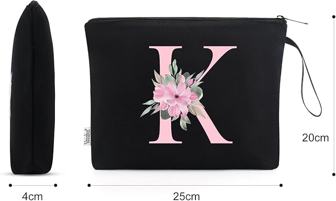 Vavabox A-Z Personalized Makeup Bag, Birthday Gifts for Women Mom, Gifts for Best Friend, Bride Bridesmaid Cosmetic bag (K, 02-Black)