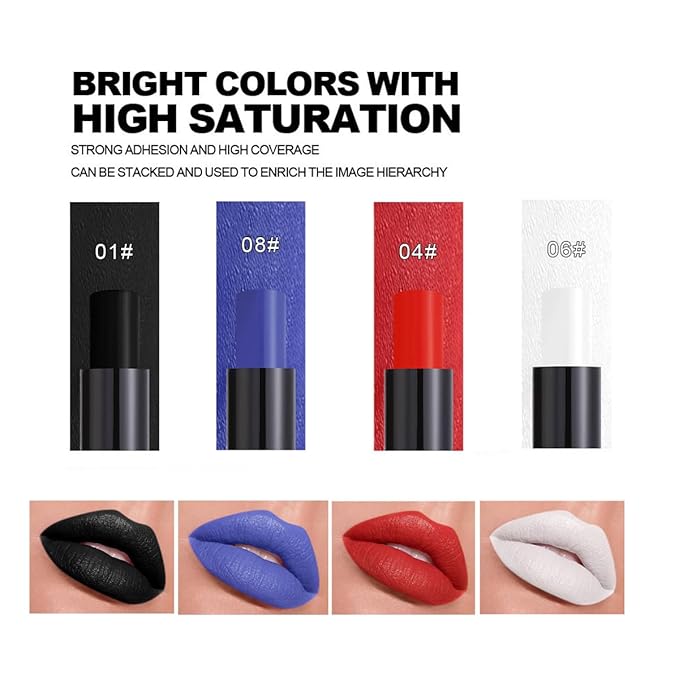 Baorder 4PCS Blue Red White and Black Lipstick,Face Body Paint Stick Kit, Eye Stick for Halloween,Safe Facepaint Lip Smacking White Foundation Black Lipstick Makeup