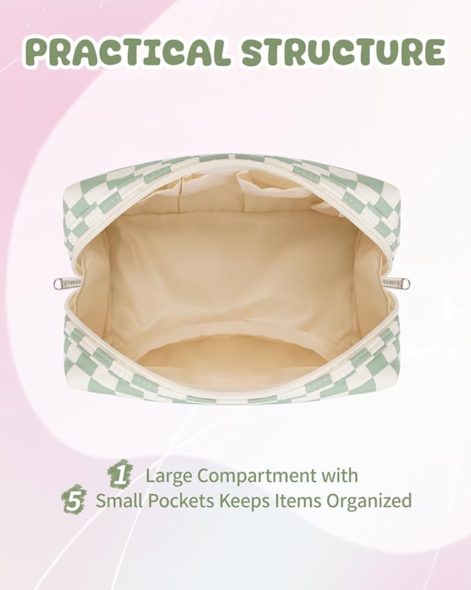 Narwey Birthday Gifts for Teen Girls Women Personalized Initial Checkered Makeup Bag Preppy Cosmetic Bag Trendy Stuff 6 8 10 11 12 13 14 16 18 Years Old Travel Toiletry Bag (Green Letter H)