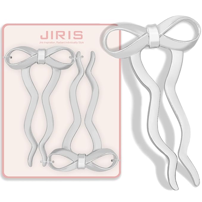 JIRIS 2PCS 5.5Inch Bow French Hair Pins Large U-Shaped Pins for Women and Girls Fashion Metal Hair Pin French Twist Hair Pins for Buns, Updos,Stylish and Functional(set5-silver)