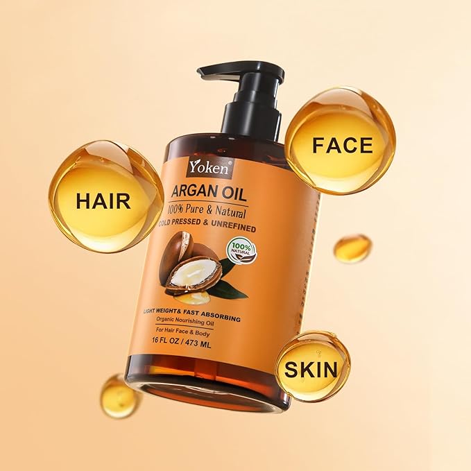 Yoken Organic Moroccan Argan Oil 16oz, Cold Pressed Oil for Hair Face Skin