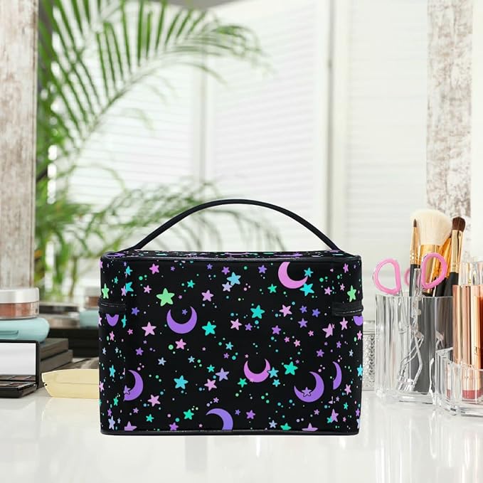 MNSRUU Makeup Bag, Crescents and Stars Makeup Organizer Bags Toiletry Bag Box Travel Cosmetic Bag Make Up Train Case for Women Teen Girl Ladies