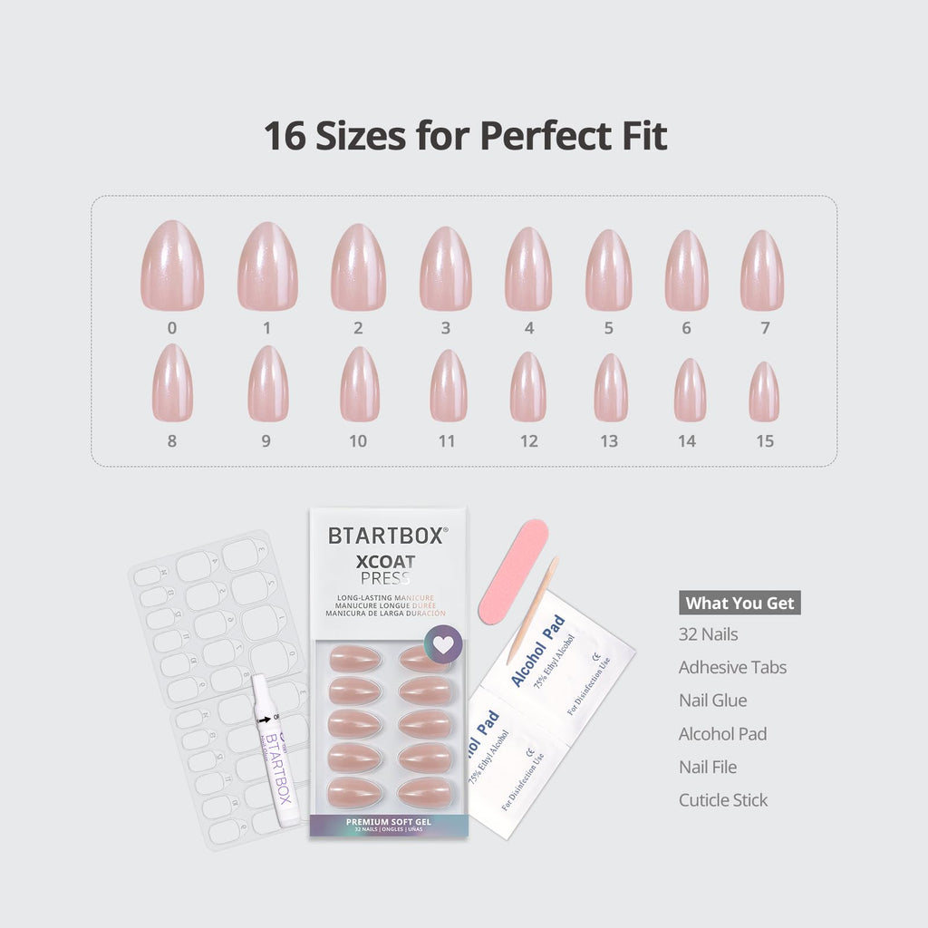 BTArtbox Press On Nails, Nudies, Short Almond, Short Nude Chrome, 32Ct