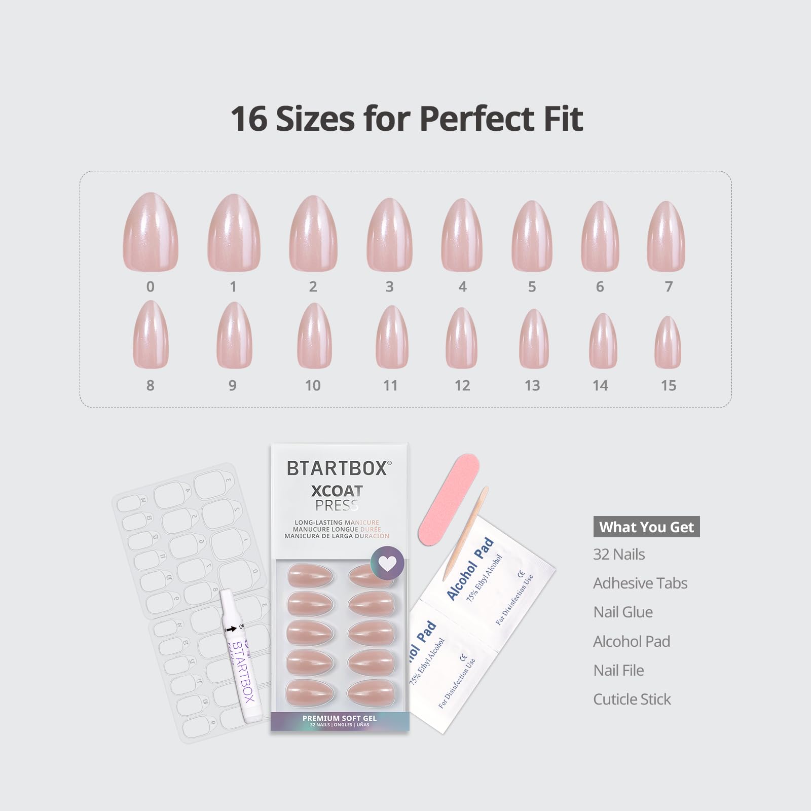 BTArtbox Press On Nails, Nudies, Short Almond, Short Nude Chrome, 32Ct