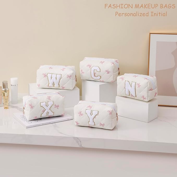 Gleyemor Personalized Initial Makeup Bag for Women, Cute Quilted Pink Floral Cotton Cosmetic Bag, Christmas Gifts for Her Mom Friend Sister Bridesmaid Teacher Women W
