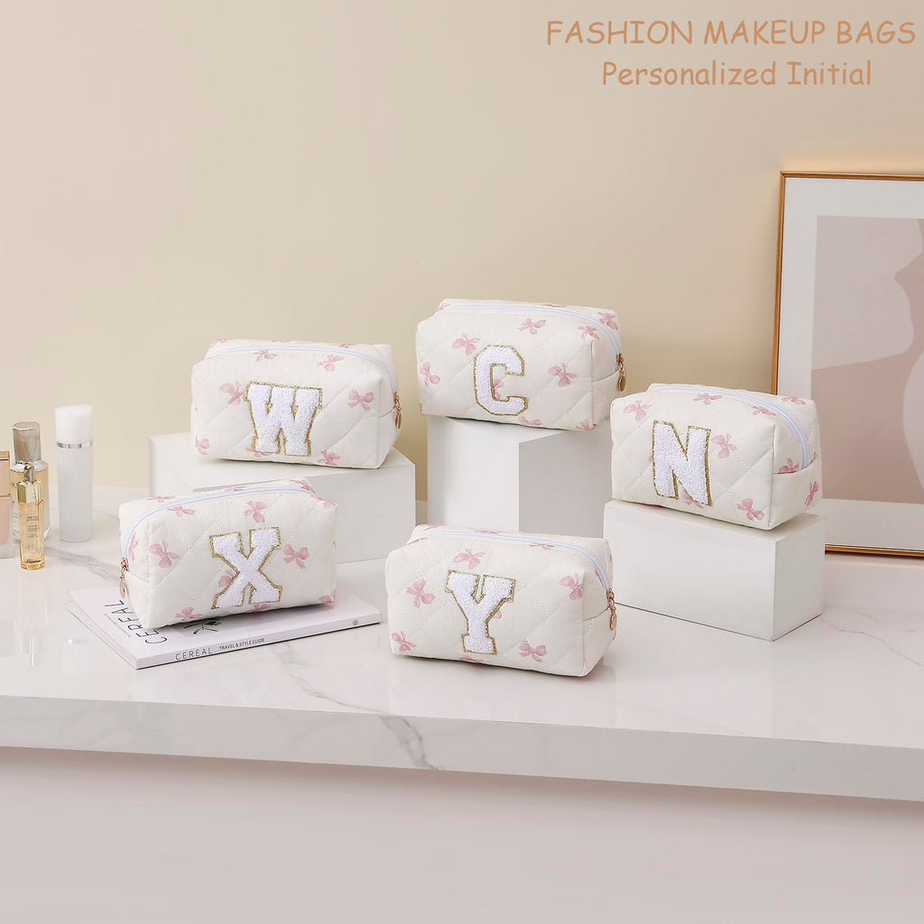 Gleyemor Personalized Initial Makeup Bag for Women, Cute Quilted Pink Floral Cotton Cosmetic Bag, Christmas Gifts for Her Mom Friend Sister Bridesmaid Teacher Women O