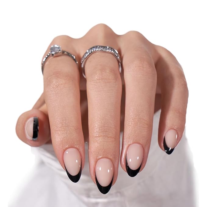 BTArtbox Press On Nails, Black French, Short Almond, Black Nude, 32Ct