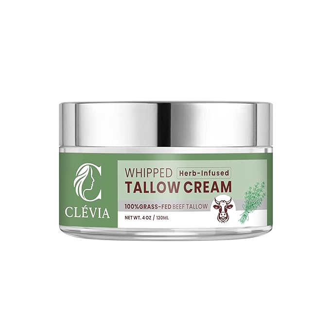 CLÉVIA 100% Grass-Fed Whipped Tallow Cream - 4 OZ Anti-Wrinkle Face and Body Balm with Jojoba Oil - Non-Comedogenic Deep Hydration for Dry, Sensitive and Irritated Skin - Herb-Infused