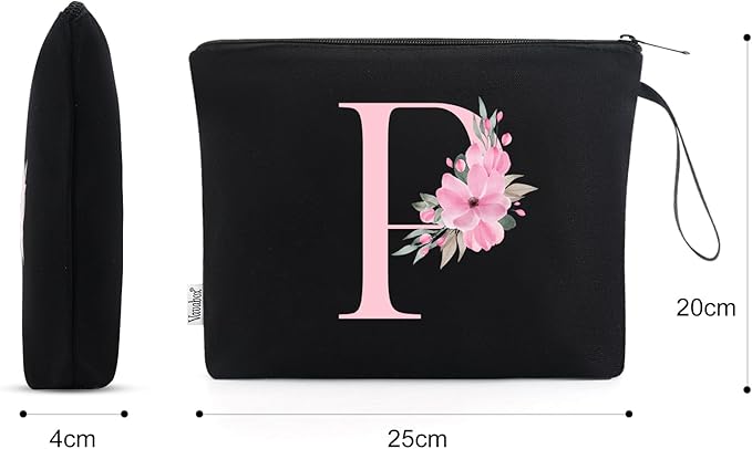 Vavabox A-Z Personalized Makeup Bag, Birthday Gifts for Women Mom, Gifts for Best Friend, Bride Bridesmaid Cosmetic bag (P, 02-Black)