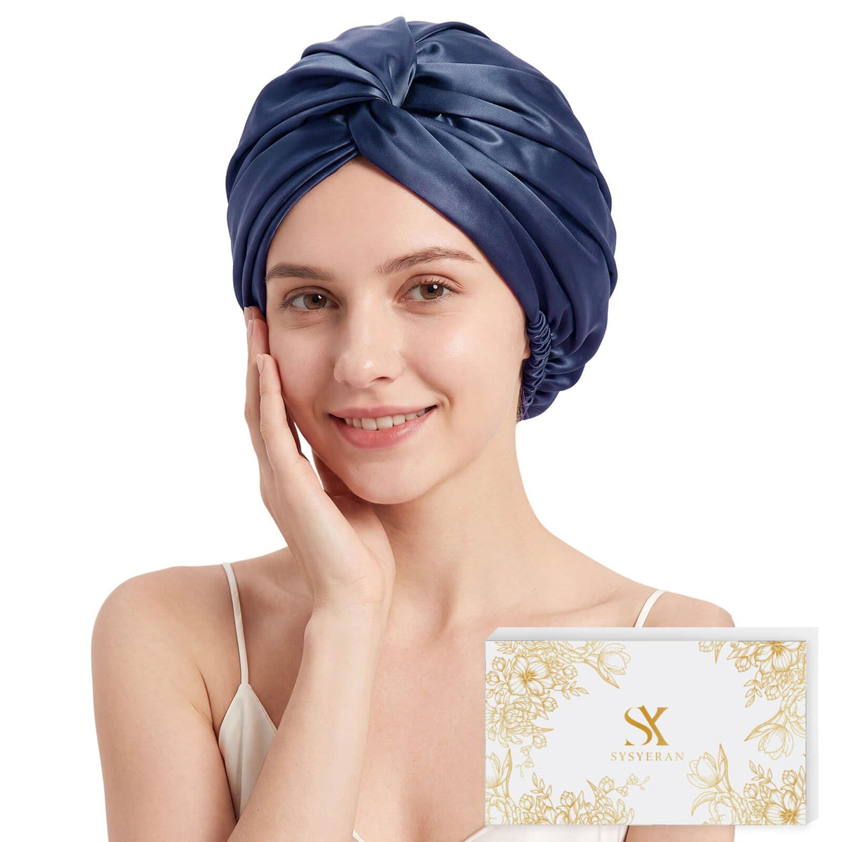 SYSYERAN 100% 19MM Mulberry Silk Hair Bonnet for Sleeping Women(Navy)