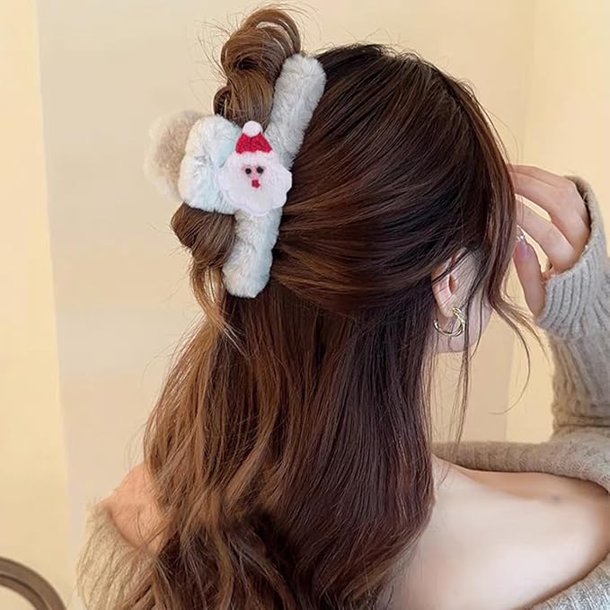 BMKKOT Christmas Hair Clips White Plush Acrylic Hair Claw Clips Cute Santa Claus Design Hairpins Xmas Hair Accessories Nonslip Large Clamp Clips for Medium Thin Hair Decoration 1Pcs