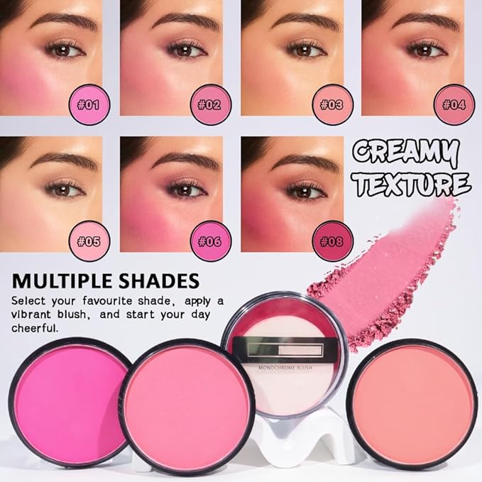 HHLTOH Natural Single Matte for Face Cheeks Blush with Makeup Powder Puff, Pink Red Monochrome Blush Cream Powder Makeup Palette Blushes Long-lasting Color Blendable Foundation for Women Every Day 02
