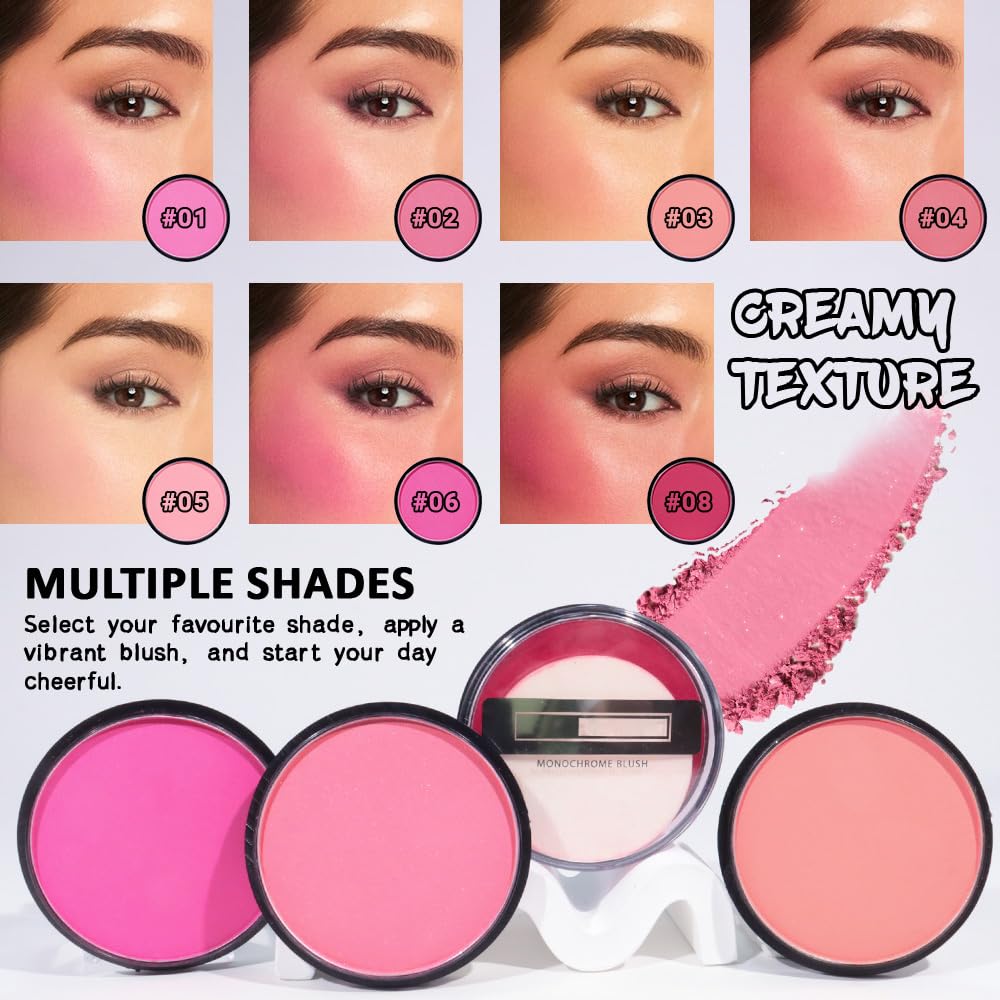 HHLTOH Natural Single Matte for Face Cheeks Blush with Makeup Powder Puff, Pink Red Monochrome Blush Cream Powder Makeup Palette Blushes Long-lasting Color Blendable Foundation for Women Every Day 02
