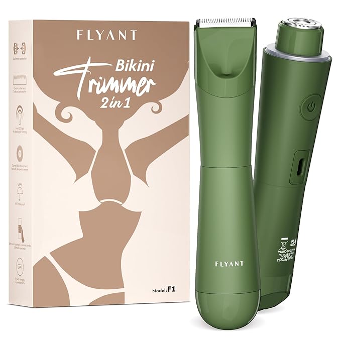 Bikini Trimmer for Women, Flyant 2 in 1 Electric Shaver for Women, Pubic Hair Trimmer Waterproof IPX7 with LED, Bikini Razor for Leg Arm Underarm Bikini Area, Christmas Gifts for Her - Dark Green