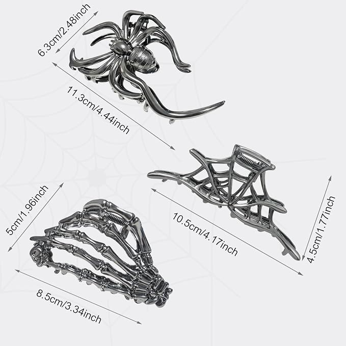 Parcce 3 Pieces Large Metal Spider Net Hand Hair Claw Clips for Women and Girls Thick Long Hair, Nonslip Skeleton Spooky Barrette Headband Hair Styling Accessories for Halloween