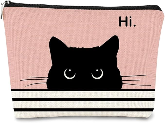 BARPERY Cute Cat Makeup Bag - Black & Pink, Small Cosmetic Bag for Women & Girls, Birthday Gift for Cat Lovers & Owners