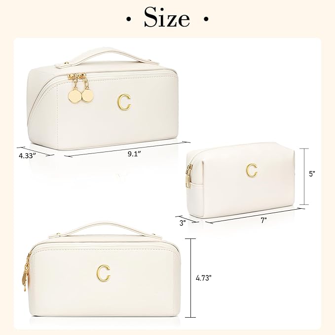 Birthday Gifts for Women Teen Girl, Personalized Initial Makeup Organizer Bag Set, Open Flat Travel Cosmetic Bag With Clear Divider and Handle(Beige,C)