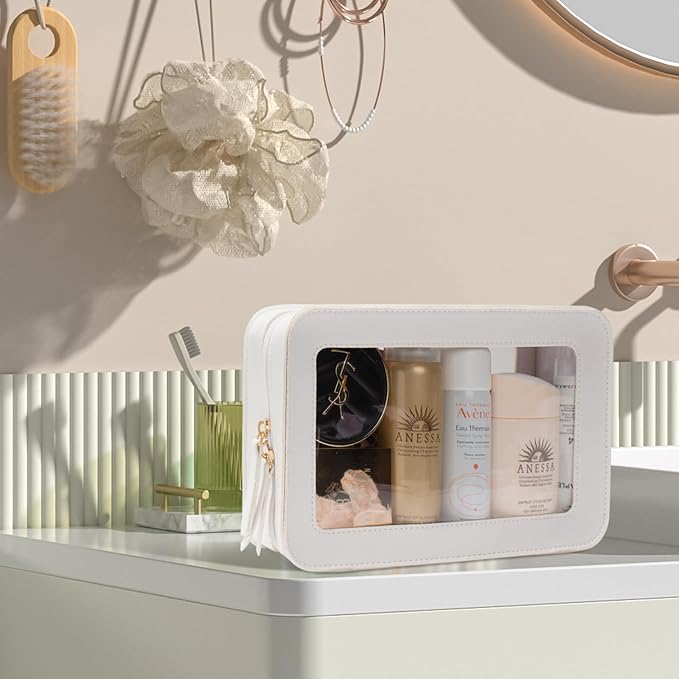 LETGO Clear Makeup Bags, TSA Approved Toiletry Bag with Zipper,Transaparent Beach Makeup Organizer Bag for Beach Travel Essentials,Clear Cosmetic Bags for Women Men(O-Beige)