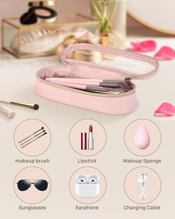 Soimeat Clear Travel Makeup Brush Holder, Leather Makeup Brush Toiletry Bag, Portable Cosmetic Brush Case, Transparent Waterproof Makeup Brush Storage Bag, Pink