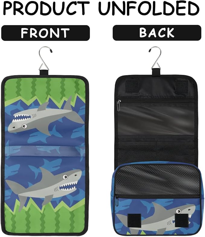 OMFUNS Funny Shark Hanging Travel Toiletry Kit Bag with Hook for Men and Boys, Ocean Animal Makeup Case Waterproof Cosmetic Bag Storage Bag Organizer for Accessories Toiletries