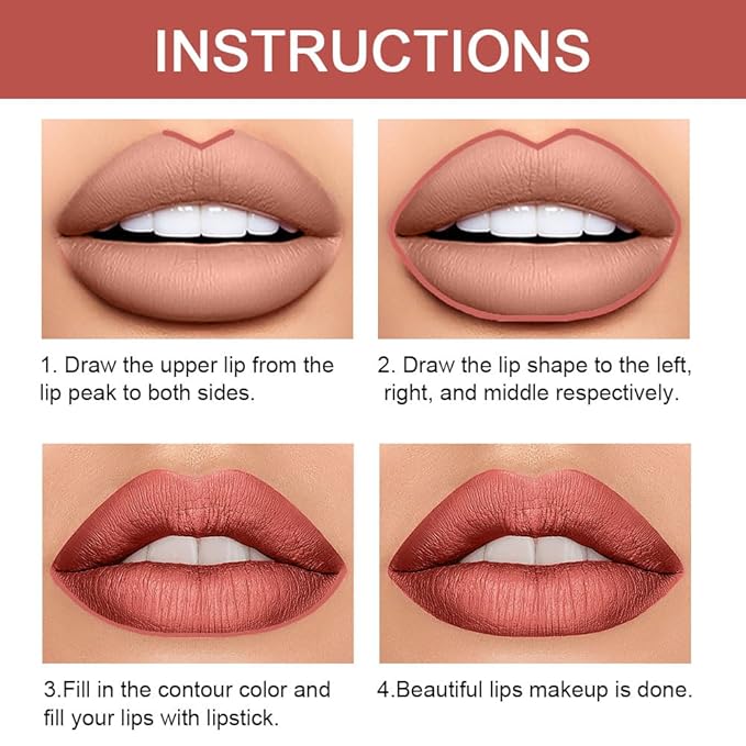 HHLTOH 2-in-1 Rose Gold Lip-Gloss Lip Liner & Lipstick Set Kit for Women, Matte Lips Kit with Lip Liner Lip Stains Long Lasting Waterproof 24 Hour Lipstick and Lip Liners Combo Lipliners Pencil Set 07