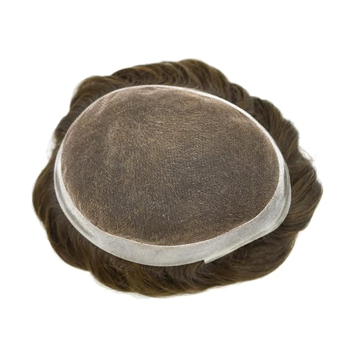 F M FACE MIRACLE NEW YORK Toupee for Men French Lace Mens Toupee Human Hair Replacement Systems Lace Center with PU Around Hair Piece V-Looped Front Male Hair Prosthesis 7"X9" 4# MEDIUM BROWN