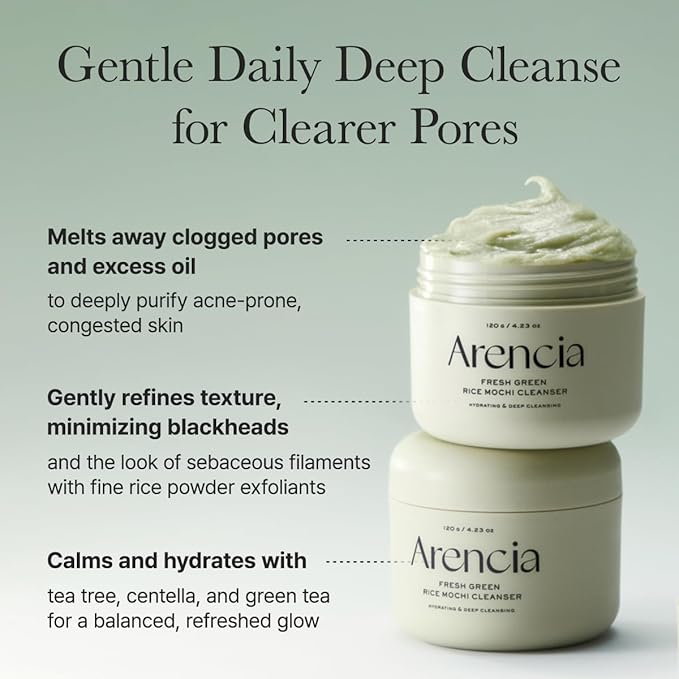 Arencia Korean Rice Mochi Face Cleanser - Face Wash, Gentle Scrub All in One for Deep Cleansing, Moisturizing, Pore Minimizing with Rice Water & Green Tea (4.23oz)