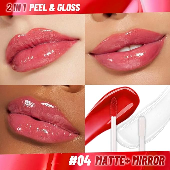 JUAAZIN Lip Stain Peel Off Lip Gloss oil Dual-Ended Combo, Vivid Burgundy Lips Liner Stain Peel Off Tattoo, Long Lasting & Waterproof, Transfer-Proof Lip Tint Stain with Lip oil for All Skin Type 04#