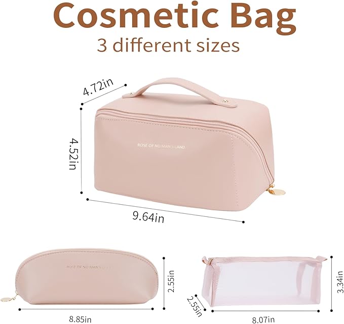 zaleeta 3 Pcs Travel Makeup Bag Portable Large Capacity Cosmetic Bags for Women Open Flat Makeup Case Organizer Bag Set of 3 Waterproof PU Leather Toiletry Bags with Divider and Handle (Pink, Medium)