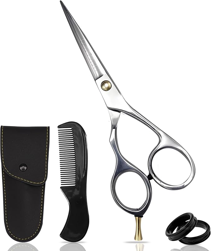 Ontaki Beard & Mustache Scissors & Combs for Men - 5.5" Silver, Left Hand