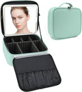 SLUMAZI Travel Makeup Bag with LED Mirror Travel Makeup Organizer with 3 Lighted Settings, Adjustable Dividers and Makeup Brush Storage Bag Light Green